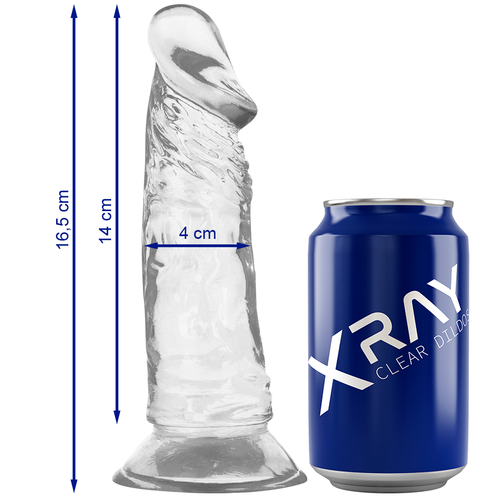 Gode jelly transparent X Ray de profil compare a une canette, hauteur 16,5 cm et diametre 4 cm, gland nervure et ventouse, repere de taille a l achat