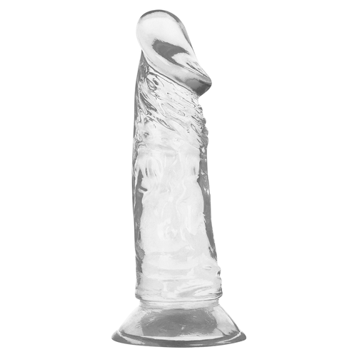 Gode realiste transparent en jelly X Ray, vue de face, gland defini et veines marquees, base ventouse stable pour usage mains libres sur surface plane
