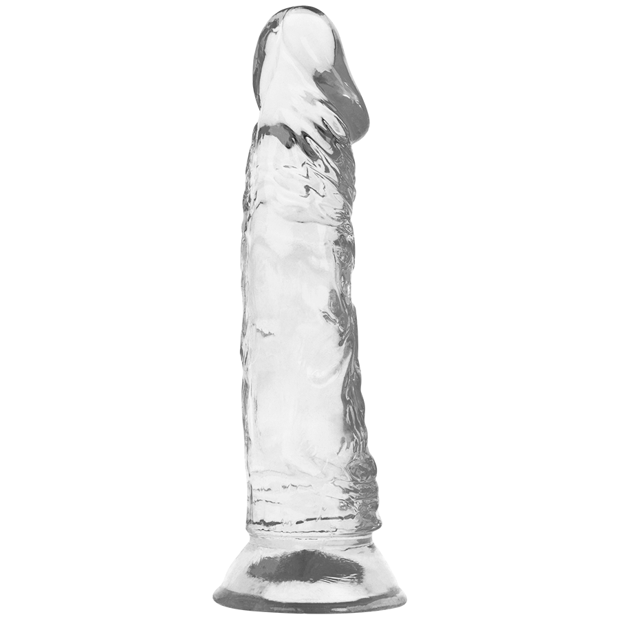 Gode jelly transparent X Ray vu de face, gland nervure et veines marquees sur la tige droite, ventouse large pour un maintien mains libres sur surface lisse