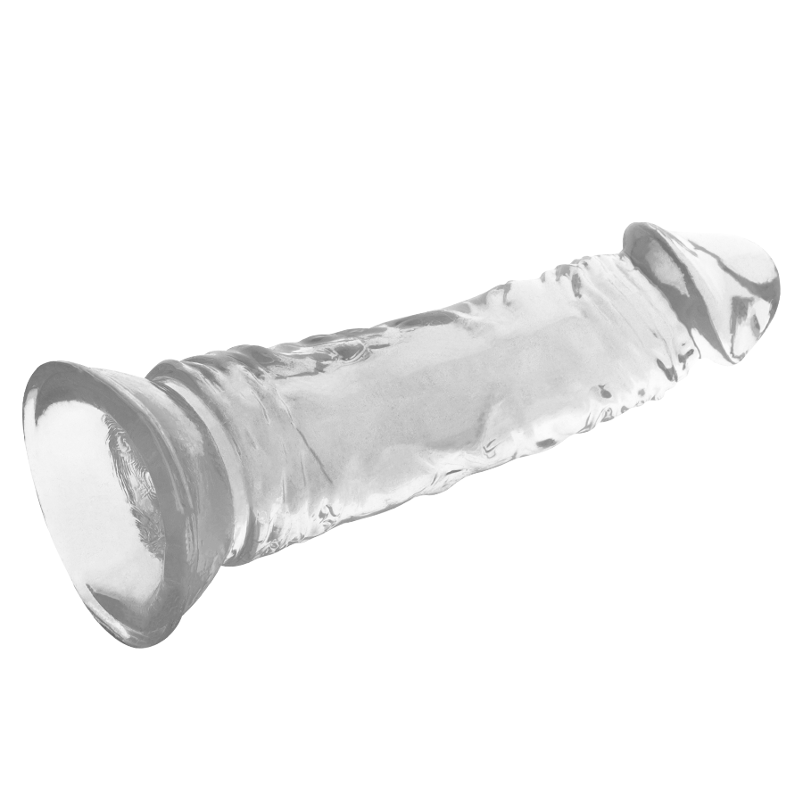 Gode realiste transparent X Ray couche a l horizontale, gland marque et veines apparentes sur une longue tige, ventouse plate visible pour fixation mains libres