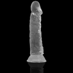 Gode realiste transparent X Ray sur fond noir, vue de face, gland defini et veines saillantes contrastees, base ventouse assurant une fixation mains libres