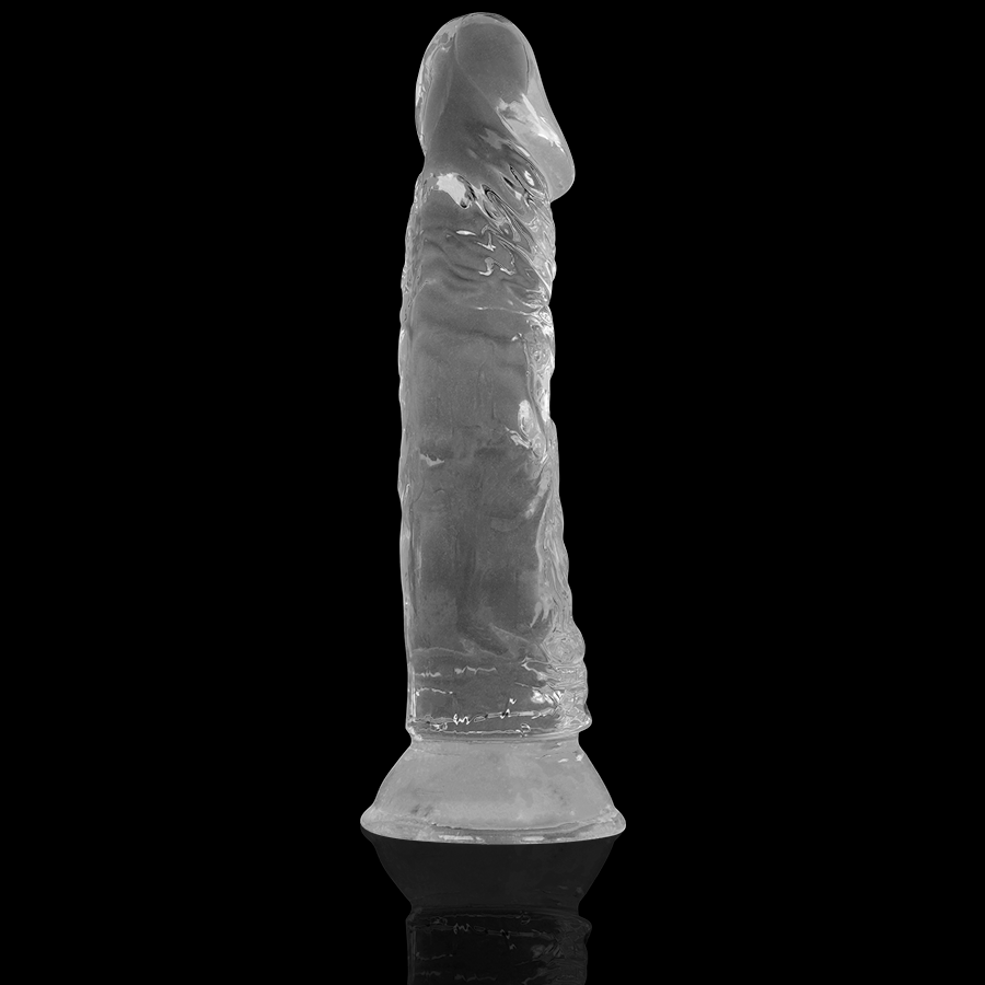 Gode realiste transparent X Ray sur fond noir, vue de face, gland defini et veines saillantes contrastees, base ventouse assurant une fixation mains libres