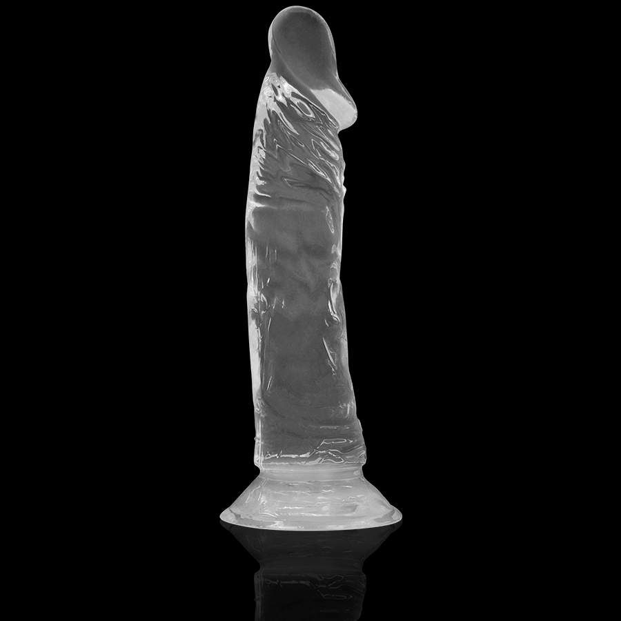 Gode jelly transparent X Ray sur fond noir, vue de trois quarts, gland prononce et reliefs veineux marques, ventouse plate de maintien pour usage mains libres