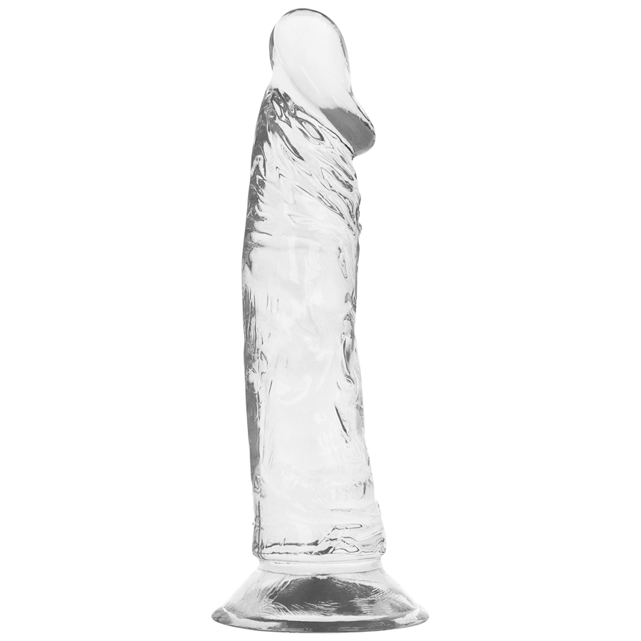 Gode realiste transparent X Ray en jelly, vue de face, gland defini et veines marquees sur une tige elancee, ventouse large pour penetration mains libres