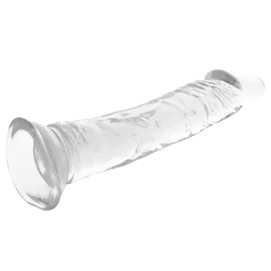 Gode realiste transparent X Ray en jelly couche a l horizontale, gland prononce et veines marquees sur toute la tige, ventouse plate pour usage mains libres