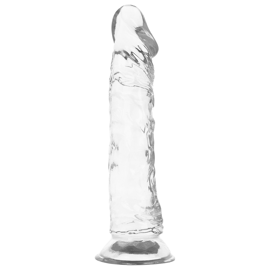 Gode jelly transparent X Ray vu de face, gland nervure et veines apparentes sur la tige incurvee, base ventouse large assurant un maintien mains libres