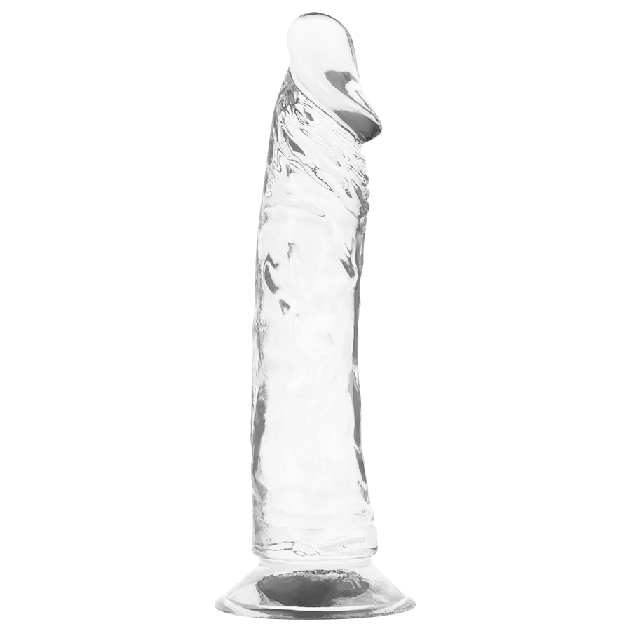 Gode realiste transparent X Ray en jelly, vue de trois quarts, gland defini et relief veineux marque, ventouse de fixation pour une penetration mains libres