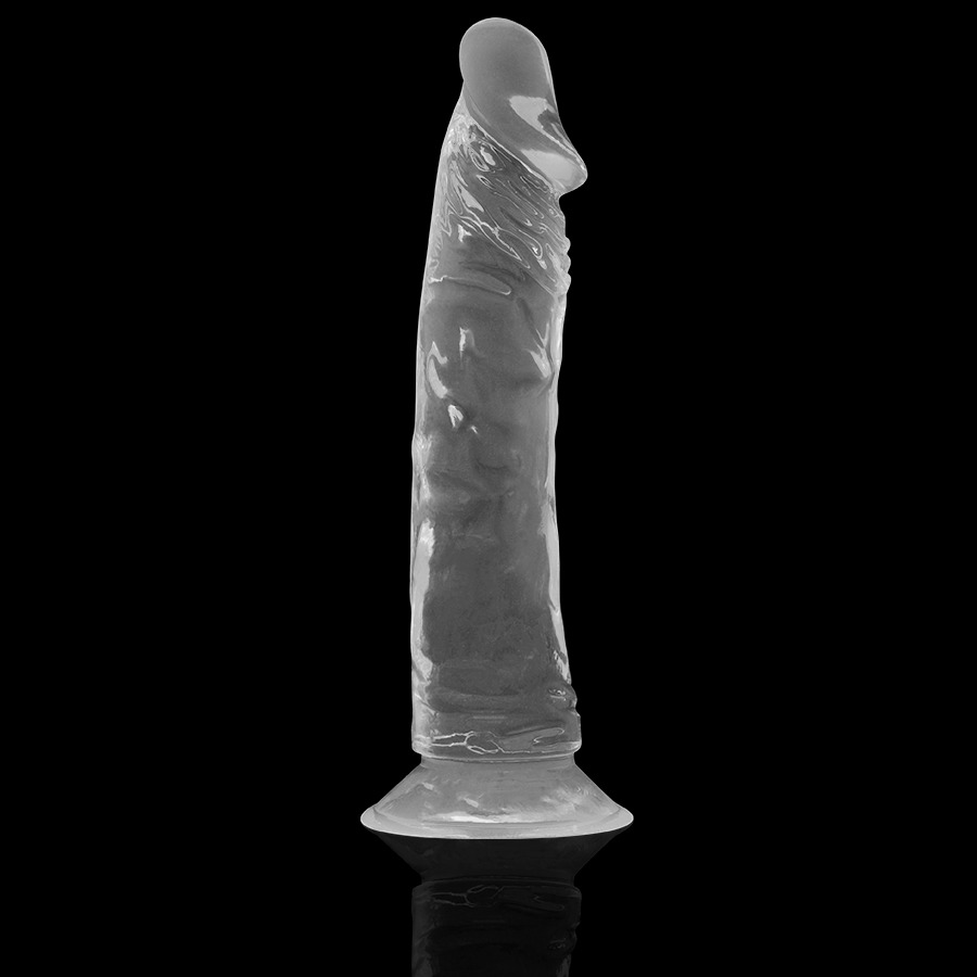 Gode jelly transparent X Ray sur fond noir, tige fine elancee aux veines marquees et gland nervure, large ventouse pour maintien stable mains libres