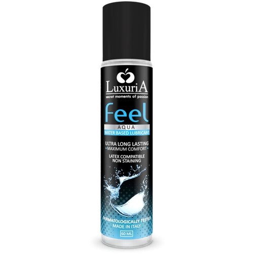 Flacon Luxuria Feel Aqua de face fond noir, lubrifiant intime base eau ultra longue duree maximum comfort, etiquette bleue, compatible latex non tachant 50 ml.