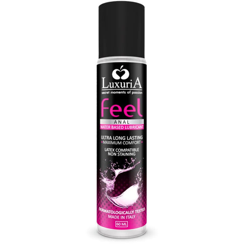 Flacon Luxuria Feel Anal de face fond noir, lubrifiant anal base eau ultra longue duree maximum comfort, etiquette rose fuchsia, compatible latex non tachant 50 ml.