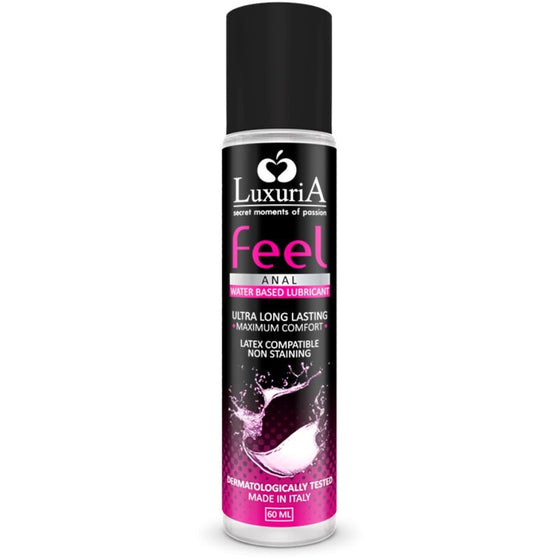 Flacon Luxuria Feel Anal de face fond noir, lubrifiant anal base eau ultra longue duree maximum comfort, etiquette rose fuchsia, compatible latex non tachant 50 ml.