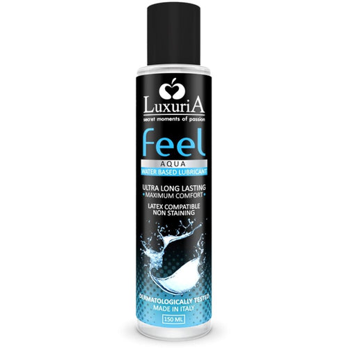 Flacon Luxuria Feel Aqua format 150 ml de face, lubrifiant intime base eau ultra longue duree, design noir et bleu, compatible latex hydratant non tachant.