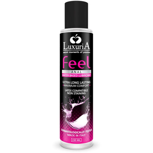 Flacon Luxuria Feel Anal format 150 ml de face, lubrifiant anal base eau ultra longue duree, design noir et rose vif, compatible latex non tachant teste dermatologiquement.