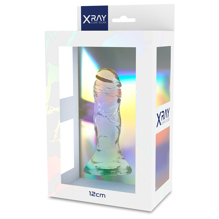 Boite X Ray Clear Dildos presentant un gode jelly transparent realiste de 12 cm, packaging irise vitrine devoilant gland et ventouse du modele compact