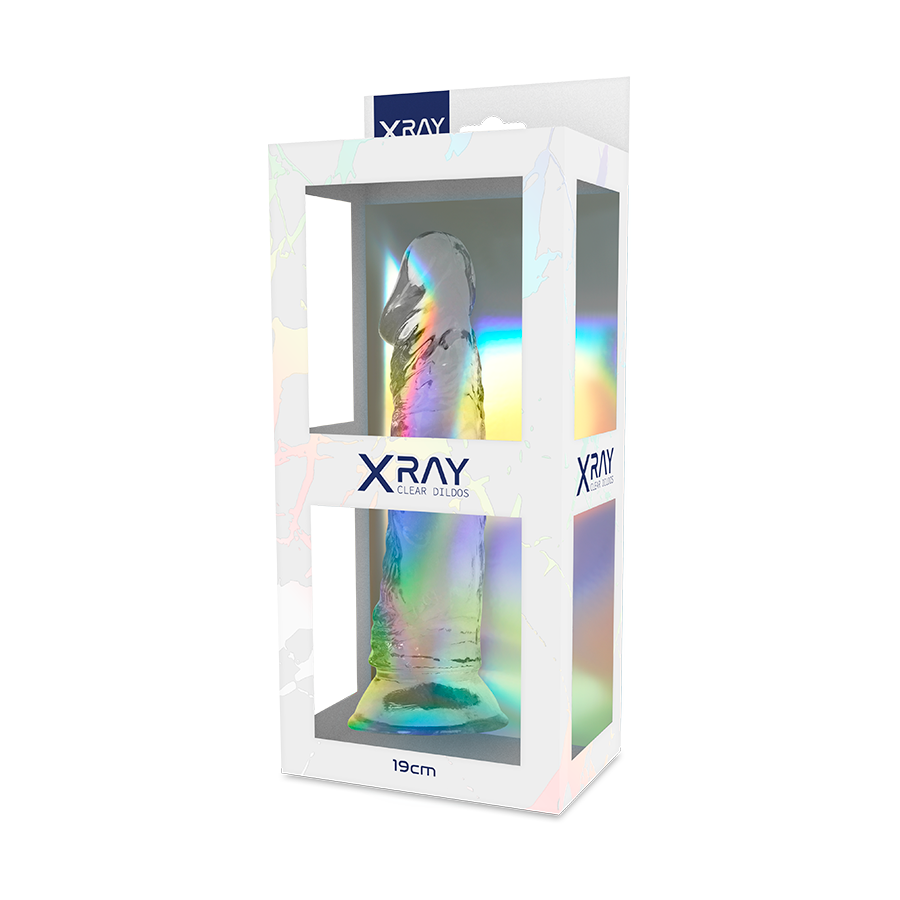 Boite X Ray Clear Dildos presentant un gode jelly transparent realiste de 19 cm, packaging irise vitrine laissant voir gland nervure et ventouse du produit