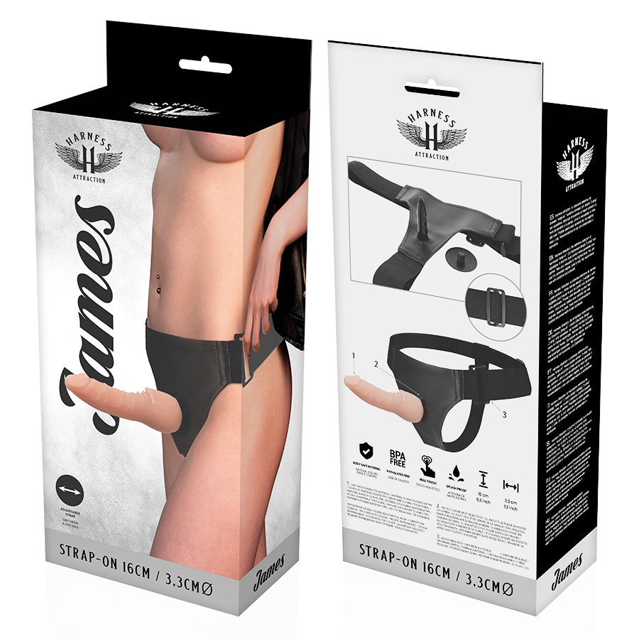 Packaging recto-verso du gode ceinture James 16 cm avec buste denude et penis realiste TPR sur harnais noir, schema des accessoires de la marque Harness Attraction.