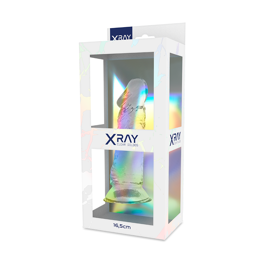 Boite vitrine X Ray Clear Dildos presentant un gode jelly transparent realiste de 16,5 cm, packaging irise laissant voir gland et ventouse du produit
