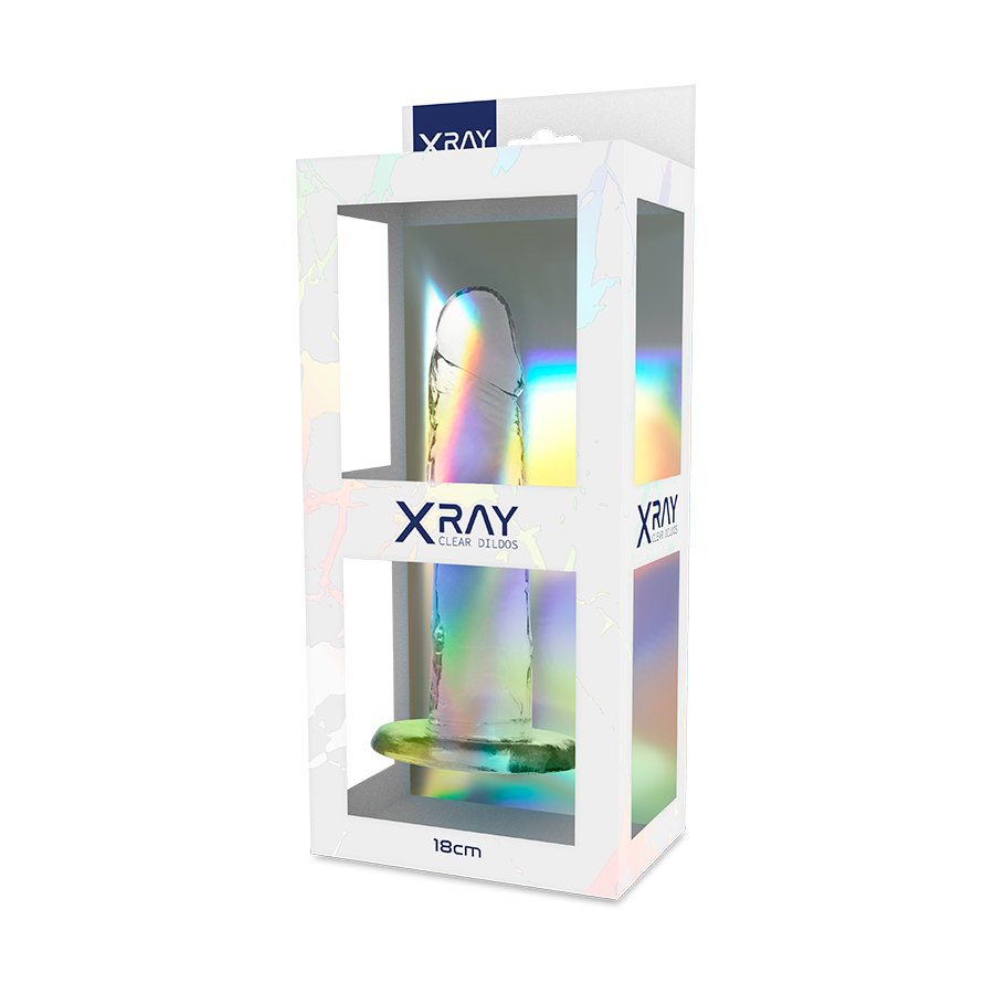 Boite X Ray Clear Dildos presentant un gode jelly transparent realiste de 18 cm, packaging irise vitrine laissant voir gland nervure et ventouse du produit