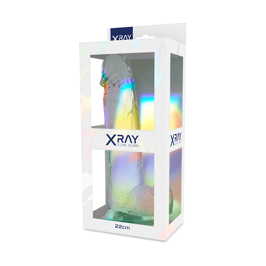 Boite X Ray Clear Dildos presentant un gode jelly transparent realiste de 22 cm, packaging irise vitrine devoilant gland, veines et ventouse du produit