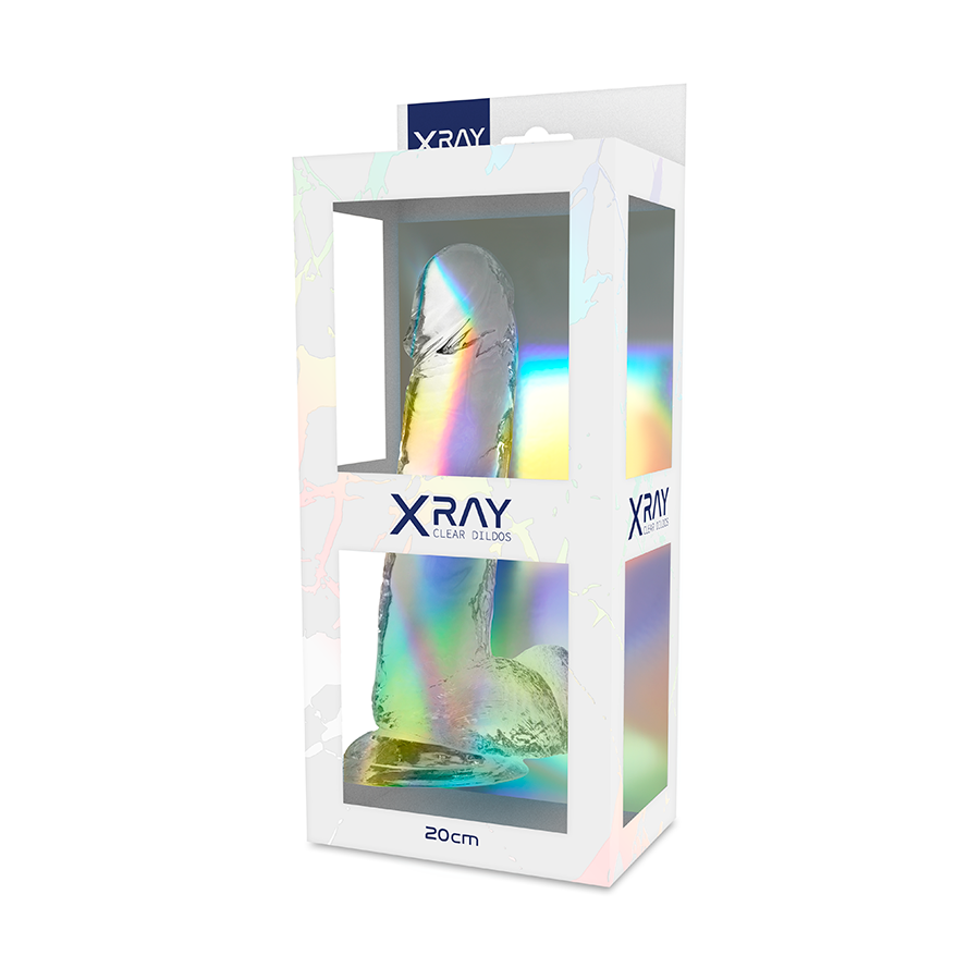 Boite X Ray Clear Dildos presentant un gode jelly realiste de 20 cm avec testicules, packaging irise vitrine laissant voir gland, veines et ventouse du produit
