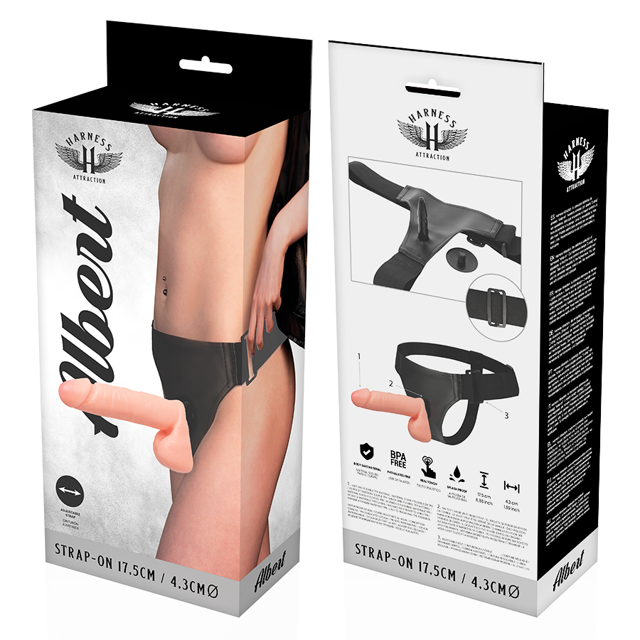 Packaging recto-verso du gode ceinture Vibert 17,5 cm avec buste devetu et penis realiste TPR sur harnais noir, schema des accessoires Harness Attraction.