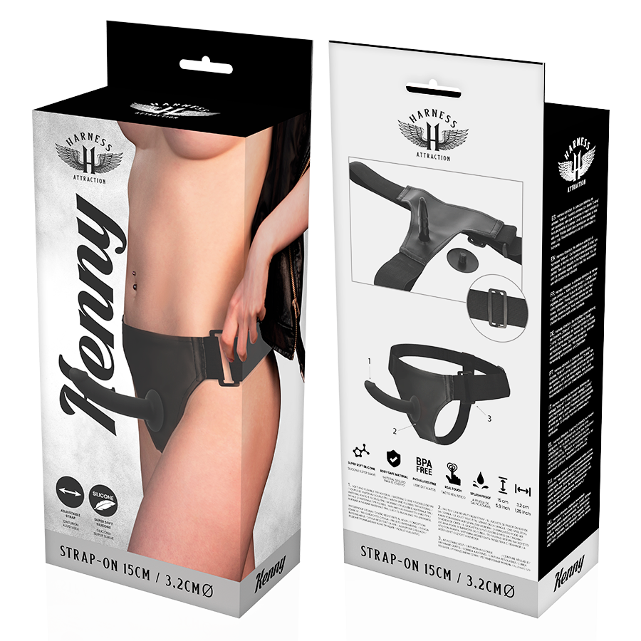 Packaging recto-verso du gode ceinture Kenny 15 cm avec gode silicone lisse pour point G sur harnais noir, schema des reglages et accessoires de la marque.