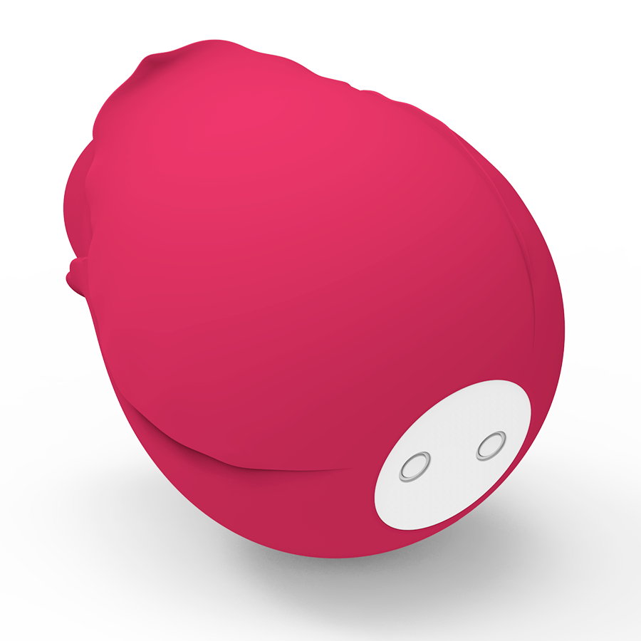 Stimulateur clitoridien par succion en forme de rose framboise vu en plongee, montrant les contacts de charge sous le bouton de rose, sextoy silicone compact par ondes de pression.