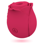 Stimulateur clitoridien par aspiration en silicone rose framboise en forme de fleur de rose, vue de face sur ses petales et son bouton de commande, format compact et discret.