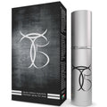 Boite noire et vaporisateur argente, spray retardant intime pour homme a base de plantes sans anesthesiant, logo stylise, prolonge le rapport, vue de face.