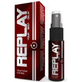 Boite rouge Replay Delay Spray et vaporisateur retardant pour homme 20 ml, formule a l aloe vera, effet desensibilisant compatible preservatif, vue de face.