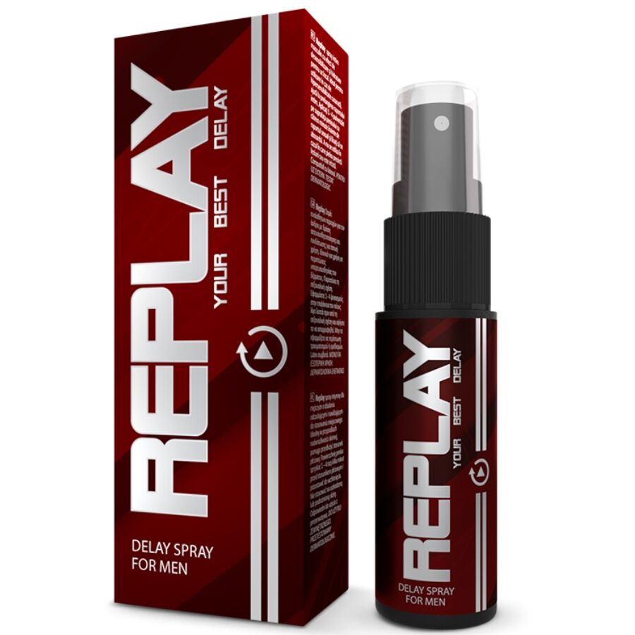 Boite rouge Replay Delay Spray et vaporisateur retardant pour homme 20 ml, formule a l aloe vera, effet desensibilisant compatible preservatif, vue de face.