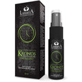 Boite noire Kronos et flacon vaporisateur, spray retardant pour homme 20 ml, motif horloge, effet desensibilisant hydratant a l aloe vera, longue duree de face.