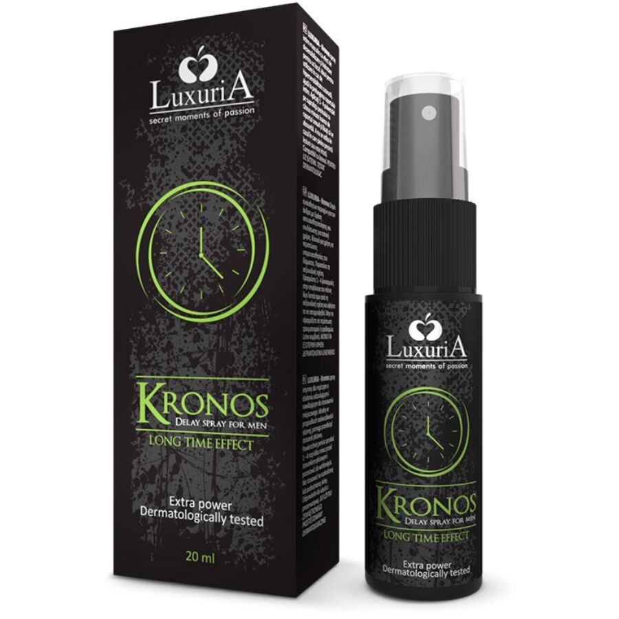 Boite noire Kronos et flacon vaporisateur, spray retardant pour homme 20 ml, motif horloge, effet desensibilisant hydratant a l aloe vera, longue duree de face.