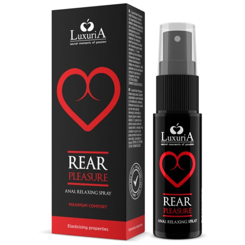 Boite noire Rear Pleasure avec coeur rouge et flacon vaporisateur, spray anal relaxant 20 ml qui detend les muscles, sans anesthesique compatible latex, de face.