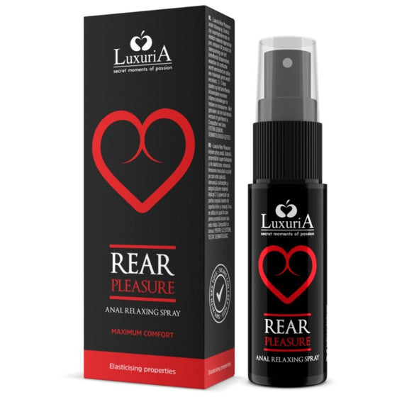 Boite noire Rear Pleasure avec coeur rouge et flacon vaporisateur, spray anal relaxant 20 ml qui detend les muscles, sans anesthesique compatible latex, de face.