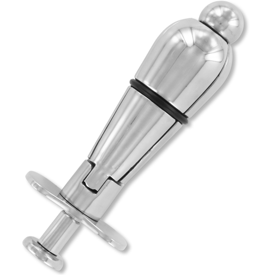 Plug anal premium en acier inoxydable a sections etagees et mecanisme de verrouillage, vue de profil du bijou anal metallique brillant sur fond blanc.
