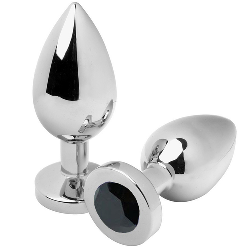 Plug anal diamant moyen acier Metal Hard, deux plugs bijou en acier inoxydable poli, base ornee d'un cristal noir, forme conique lisse et lourde pour sensation ferme.