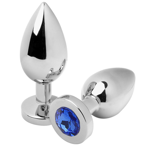 Plug anal diamant moyen acier 7,6 cm Metal Hard, deux plugs bijou en acier poli vus de face et de cote, base sertie d'un cristal bleu decoratif, finition thermoreactive.