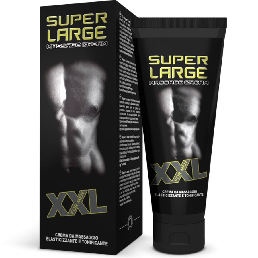 Boite Super Large XXL et tube, creme voluminisante pour penis 75 ml aux extraits naturels, action dermo-tenseur pour le volume par le massage, vue de face.