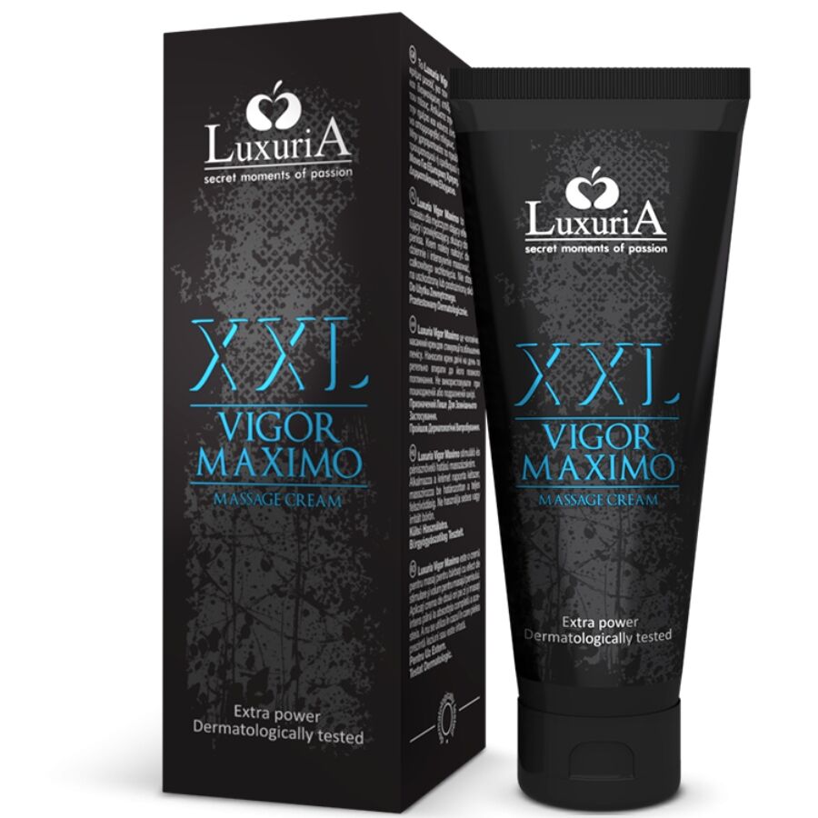 Boite Luxuria XXL Vigor Maximo et tube noir, creme de massage XXL pour homme 75 ml aux actifs dermo-tensiles naturels, usage externe teste dermatologiquement.
