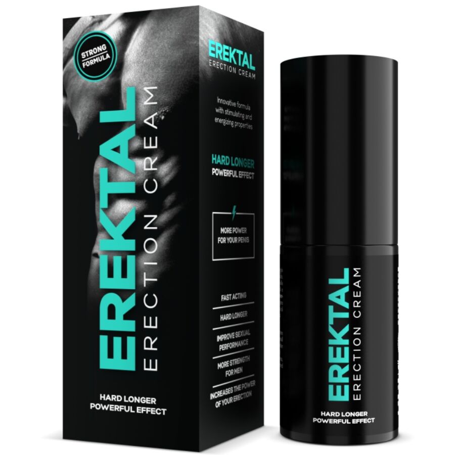 Boite noire Erektal Erection Cream et flacon, creme de massage intime energisante pour homme 30 ml aux derives vegetaux, effet stimulant longue tenue, de face.