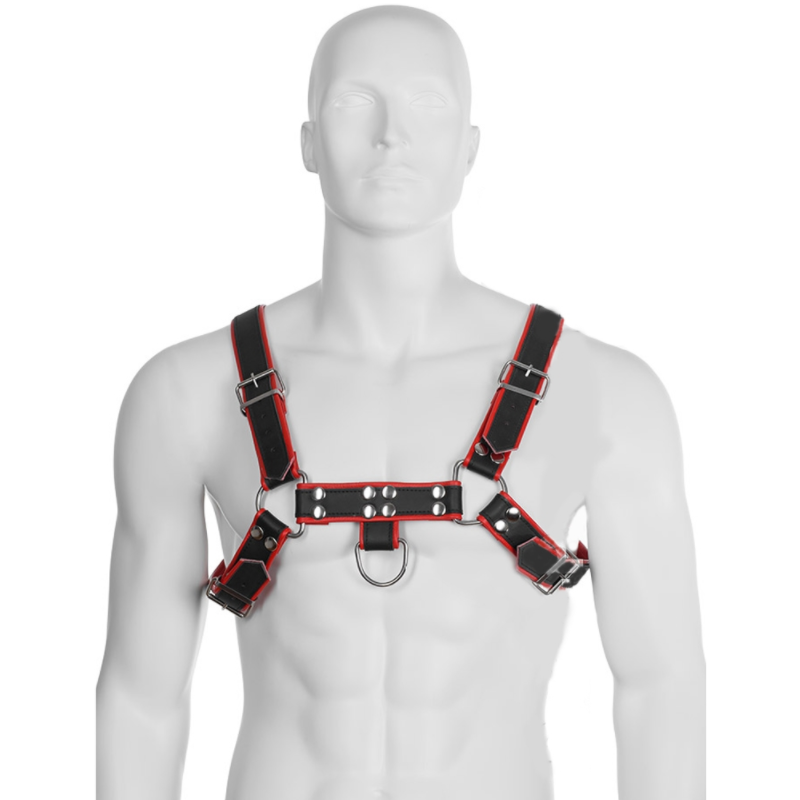 Harnais chaîne cuir homme noir et rouge — détail produit