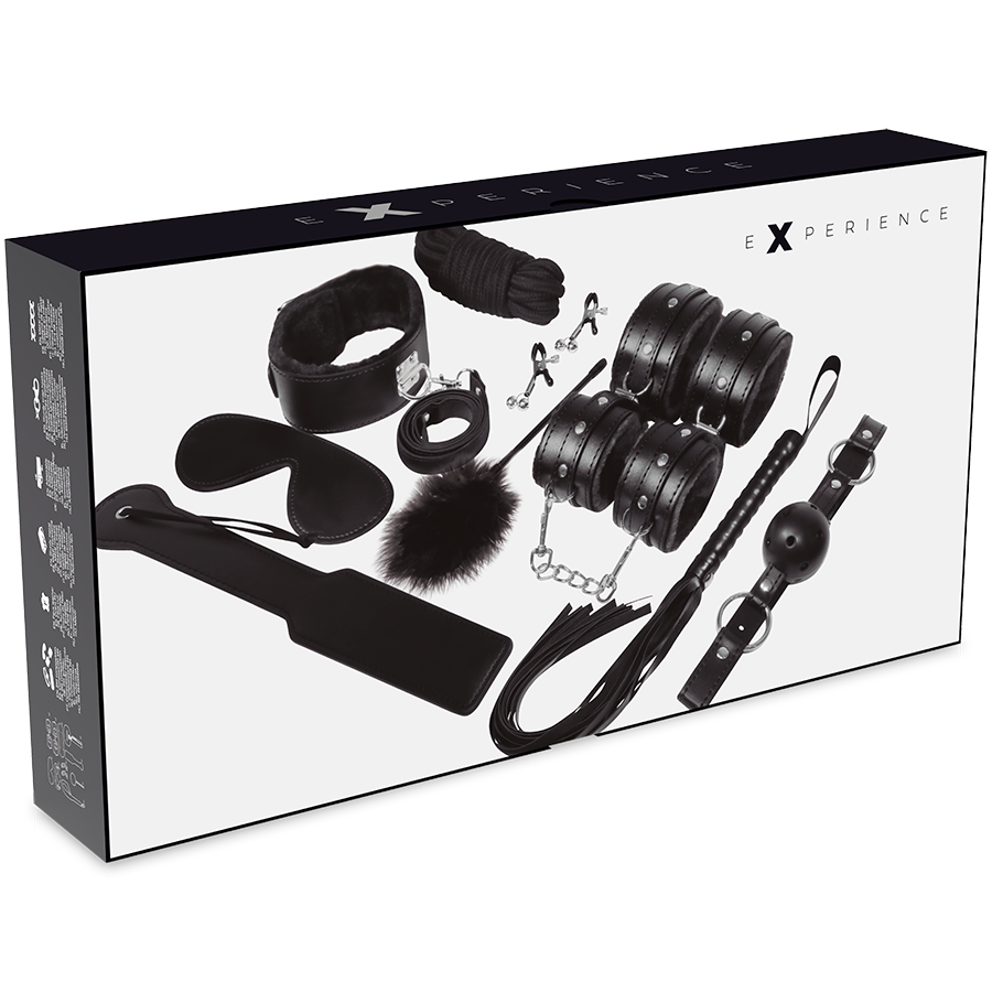 Coffret BDSM cuir synthétique 11 pièces noir — détail produit