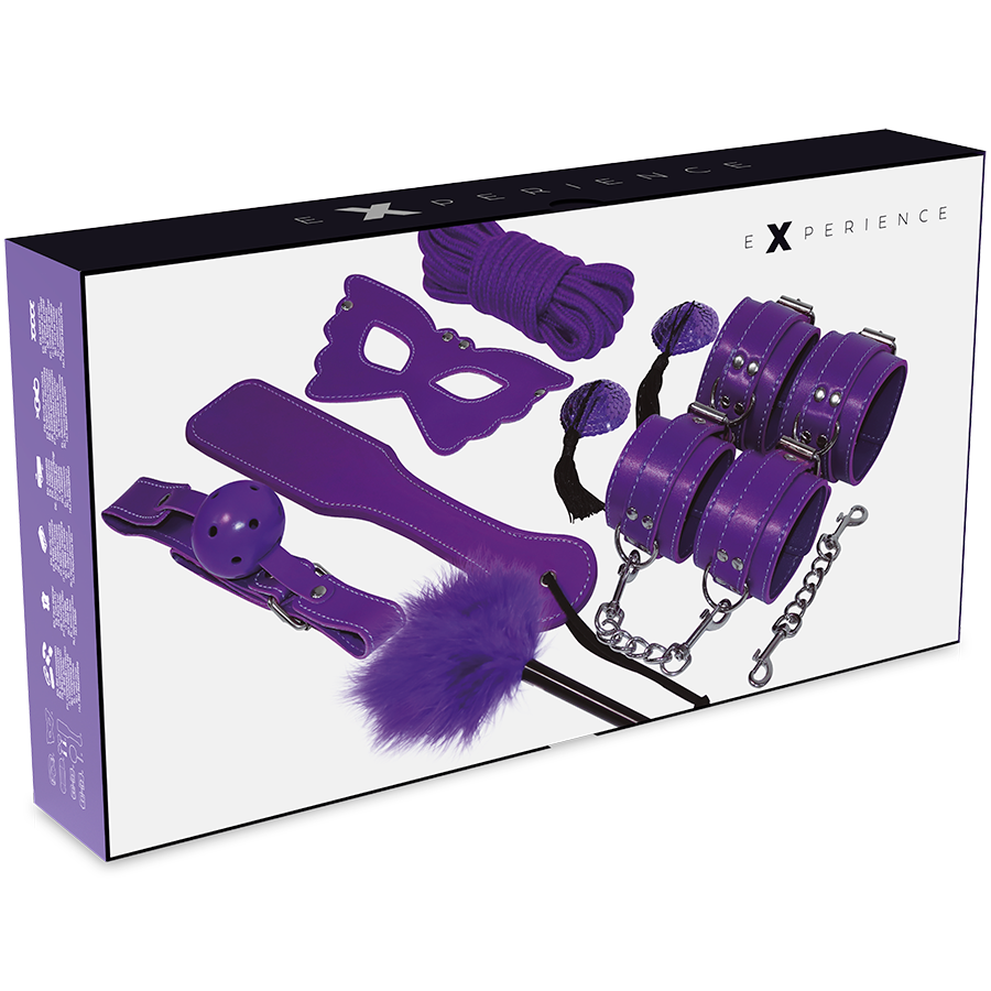 Kit BDSM complet cuir synthétique violet 8 pièces — détail produit