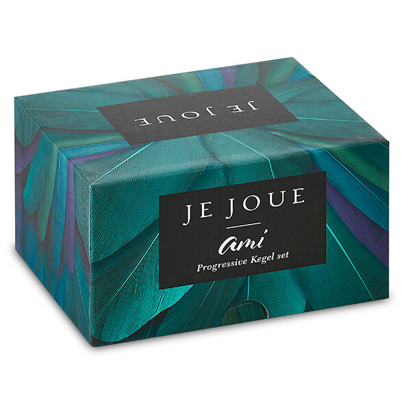Coffret Je Joue Ami à plumes turquoise vu de face, libellé Progressive Kegel set imprimé, packaging fermé du set de boules de Kegel présenté sur fond blanc parfaitement épuré.