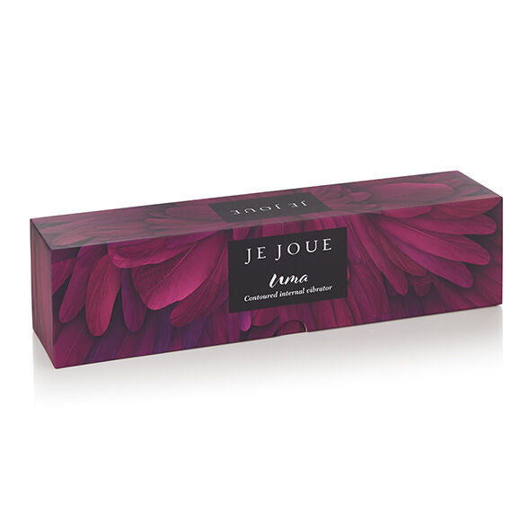 Boîte rectangulaire bordeaux à motif pétales du vibrateur Uma de Je Joue, étiquette noire centrée mentionnant « curved internal vibrator », packaging discret.