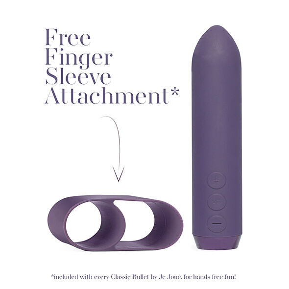 Bullet violet dressé à côté de son manchon de doigt en silicone, libellé « Free Finger Sleeve Attachment », présentation de l'ensemble mains libres Je Joue.