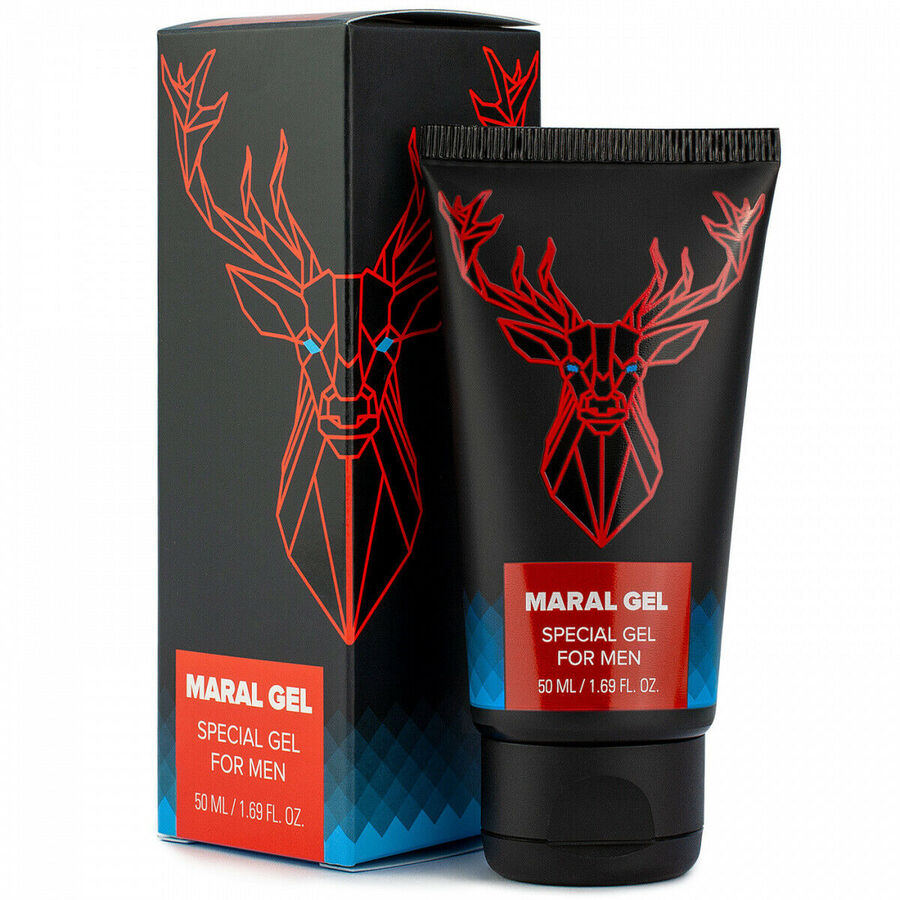 Packaging Maral Gel : boîte et tube noir avec cerf stylisé rouge, 50 ml