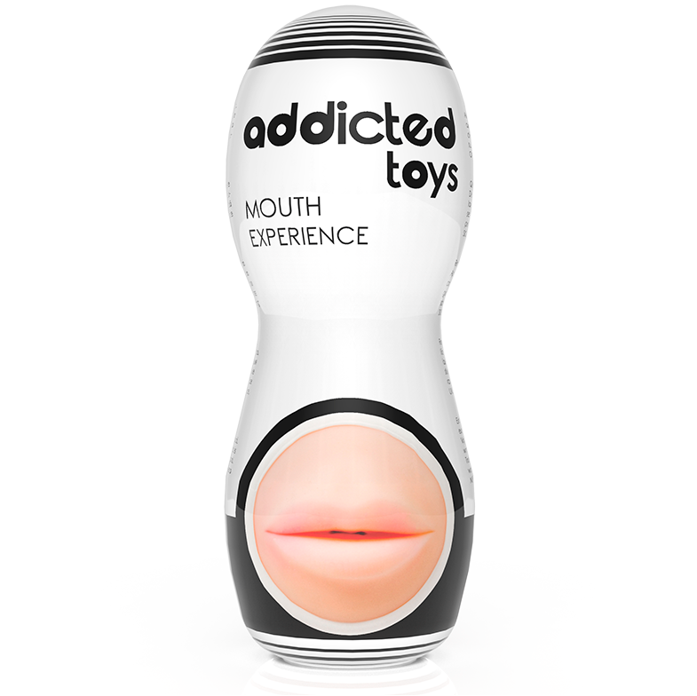 Masturbateur masculin Addicted toys Mouth Experience en gobelet blanc, ouverture bouche realiste en TPR souple, format compact a emporter pour stimulation orale simulee.