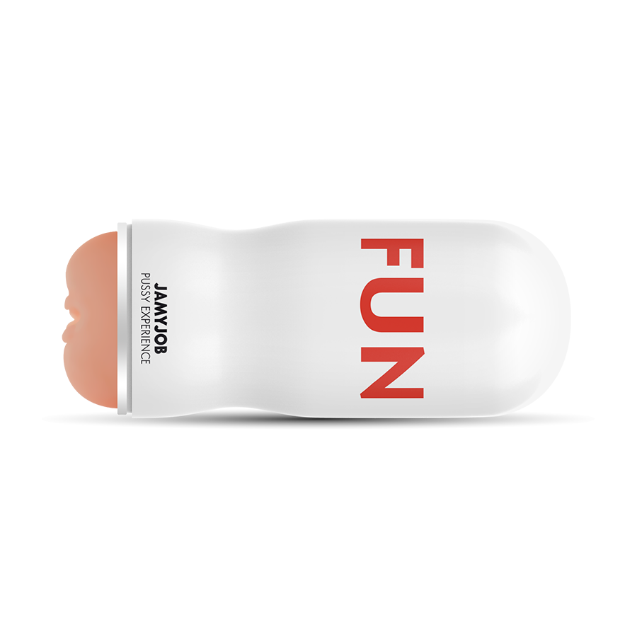 Étui blanc Jamyjob Fun Pussy Experience vu de dessus, orifice vaginal visible à l'extrémité